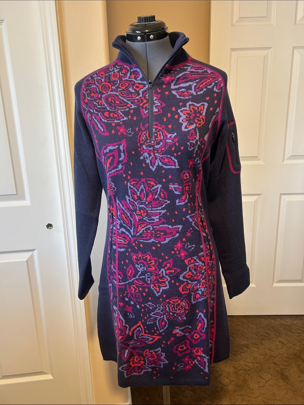 Title Nine Navy Midi Dress with Pink and Red Floral Jacquard